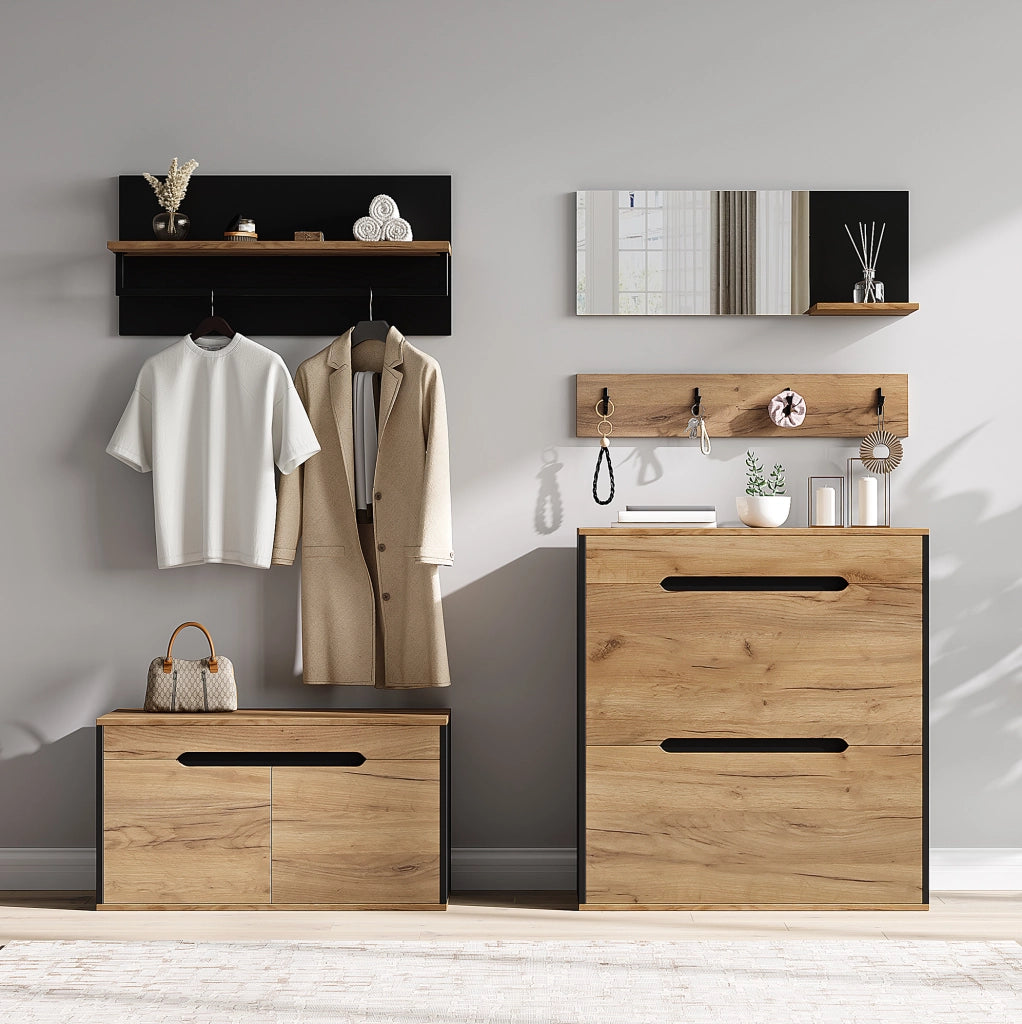 Set guardaroba modulare con scarpiera, panca, specchio e 4 ganci, naturale e nero