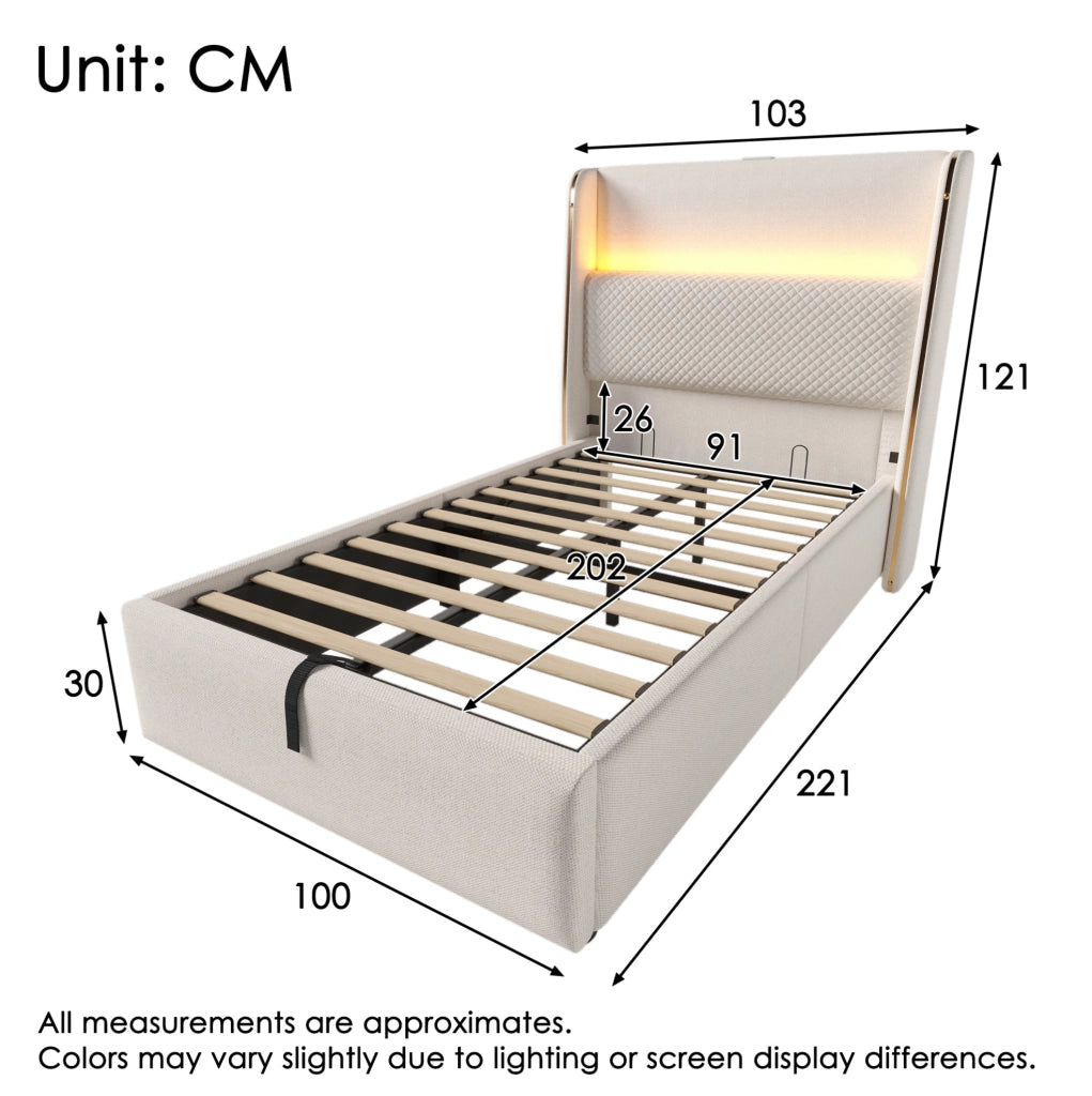 Letto matrimoniale singolo 90x200 cm con testiera alta; LED; stoccaggio e porte USB Type C; beige