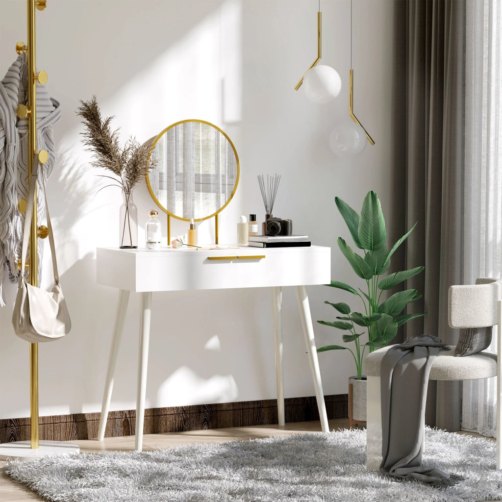 Tavolo Trucco con Specchio e 2 Cassetti per Accessori, in Legno, 80x40x123 cm, Bianco