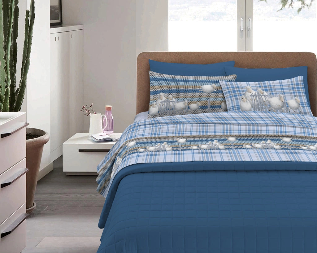 Completo Letto in Flanella Calda e Morbida Anti Pilling - Set Flanellato 3 Misure parure con Federe - Pecorelle azzurro - 2 Piazze