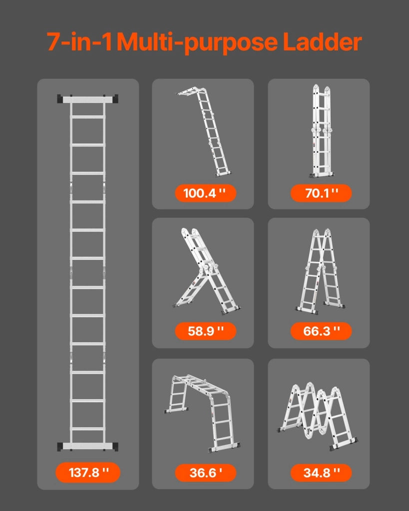 Scala Pieghevole Multiuso Telescopica 3,7 m KMP403 Portata 149,7 kg Robusta e Compatta per Bricolage e Lavori Domestici