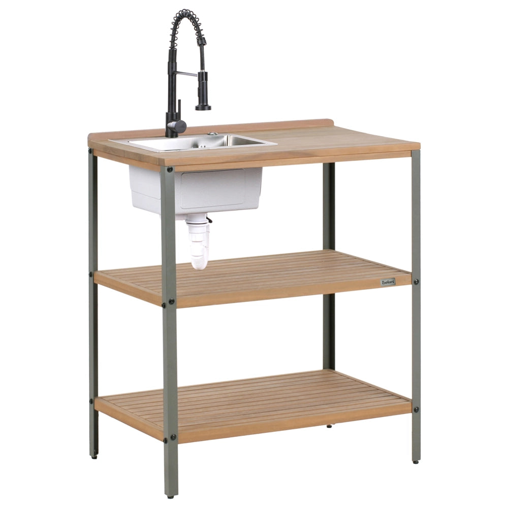 Cucina da esterno 3 elementi in legno di acacia con lavello e rubinetto in acciaio inox in legno massiccio marrone e nero