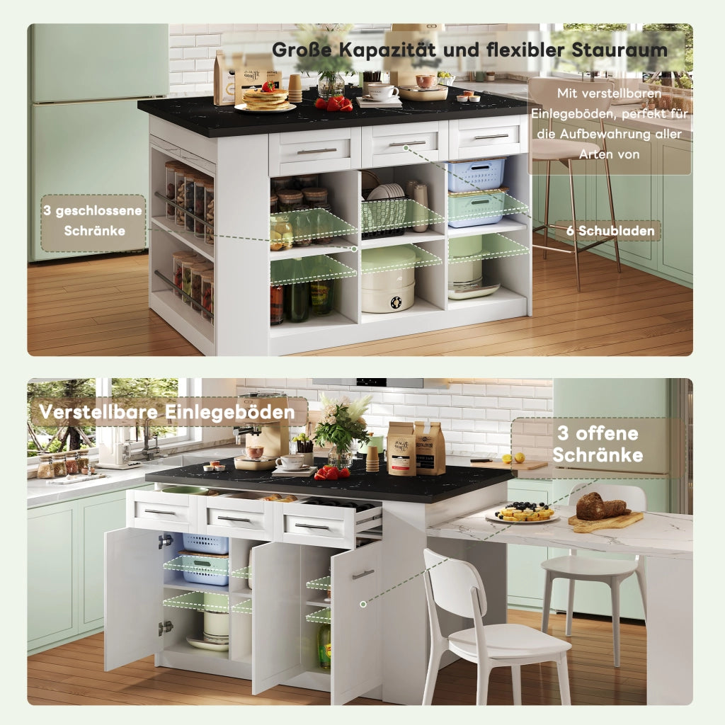 ISOLA CUCINA con tavolo estraibile 150x90x90 cm MDF Bianco Effetto Marmo