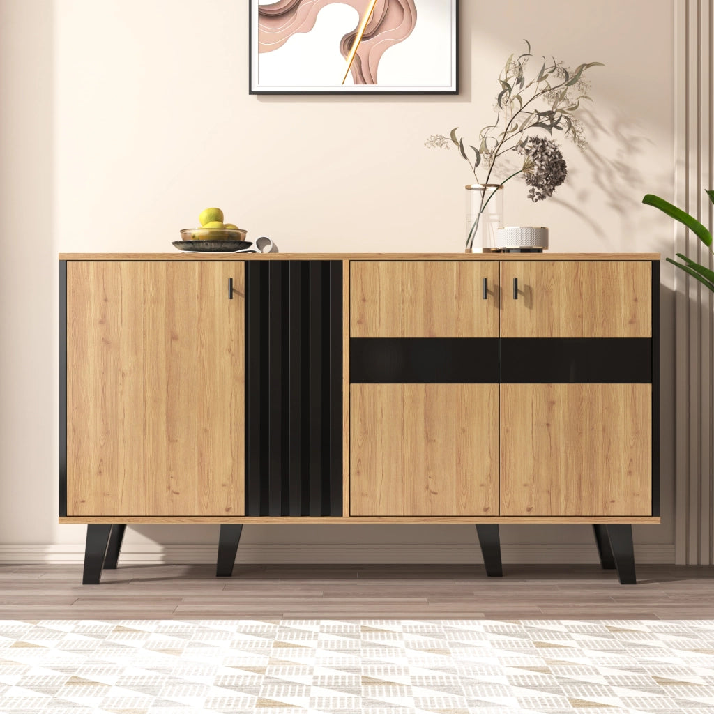 Credenza con 3 Ante e Ripiani Interni; LED e Anta in Vetro; Stile Rustico Moderno; in Pannello di Particelle; Naturale; 140¡Á41¡Á78;5 cm
