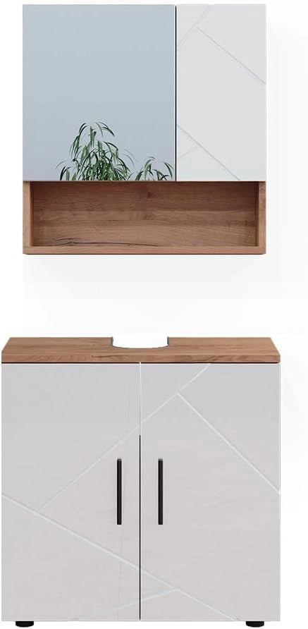 Set di mobili da bagno Irma, Bianco lucido/oro power oak, 80 cm, composto da specchio da bagno e mobile sottolavabo