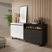 Credenza, Mobile, 200x35x87cm, 4 Porte, Camino elettrico, Design industriale, Bianco e nero RF2398