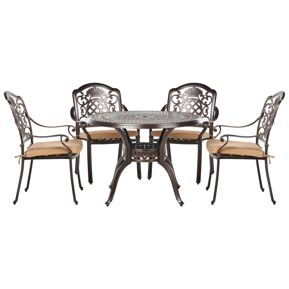 Set da pranzo da giardino Tavolo da esterno in alluminio marrone 4 sedie Cuscini di seduta in stile retrò