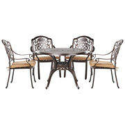 Set da pranzo da giardino Tavolo da esterno in alluminio marrone 4 sedie Cuscini di seduta in stile retrò