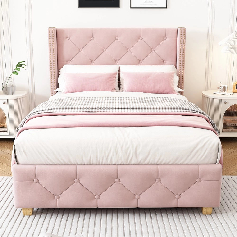 Letto Imbottito Singolo ¨C MINIMAL ¨C Velluto Rosa, Testiera, Doghe, 90x200