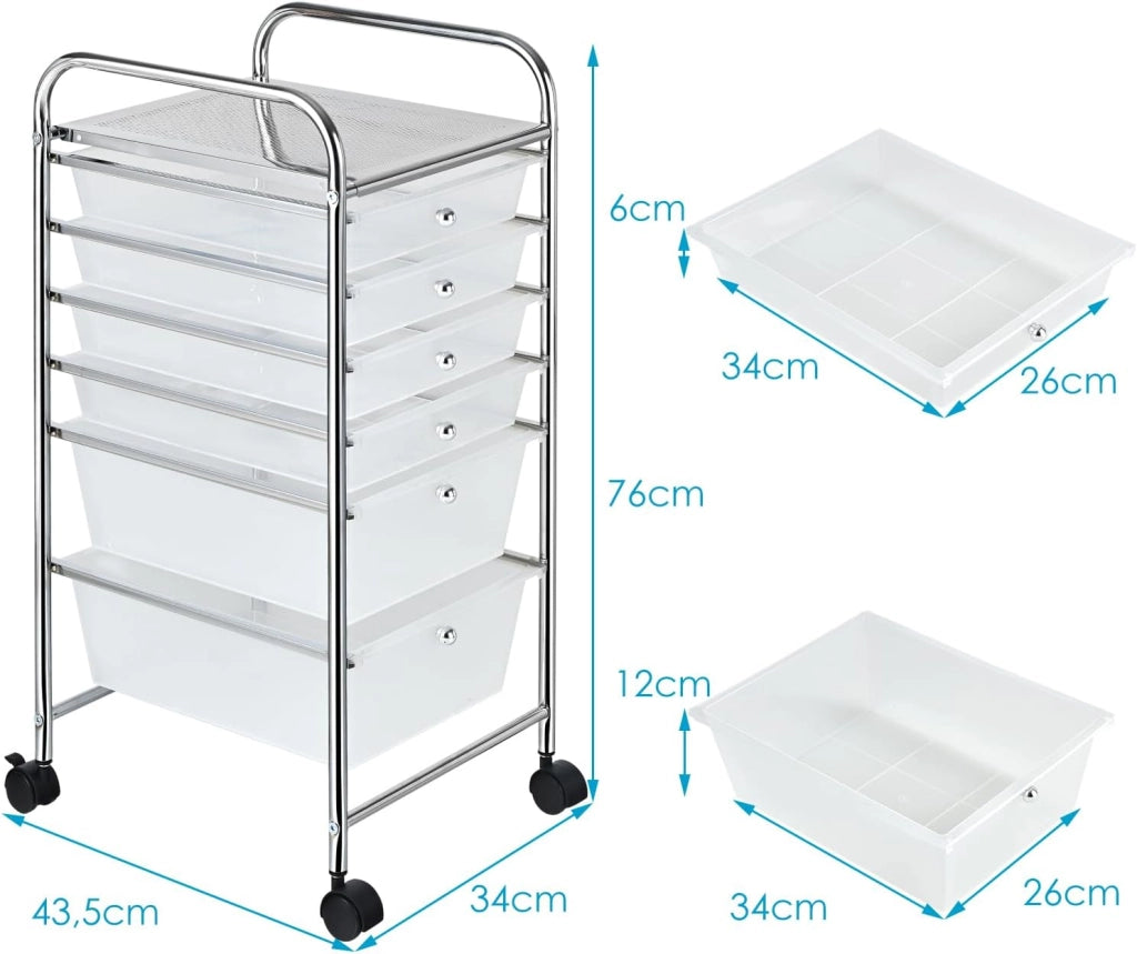 Carrello con 6 Cassetti e Ruote, Cassettiera in Plastica, con Due Dimensioni di Cassetti, Contenitore Multiuso per Casa Bagno e Ufficio, 37 x 74 x 32cm (Trasparente)