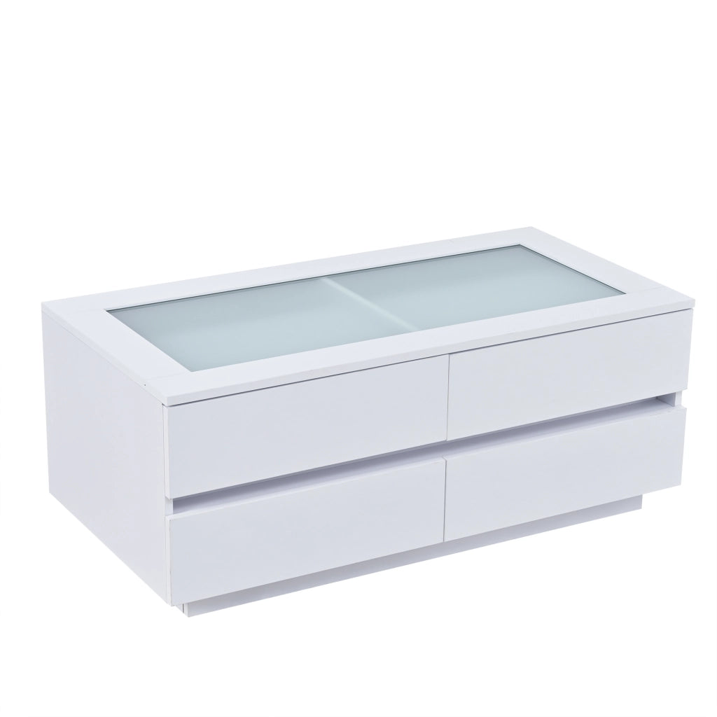 Tavolino da caff¨¨ bianco 100x50x40 cm con 4 cassetti, piano in vetro temperato, illuminazione LED e frontali lucidi