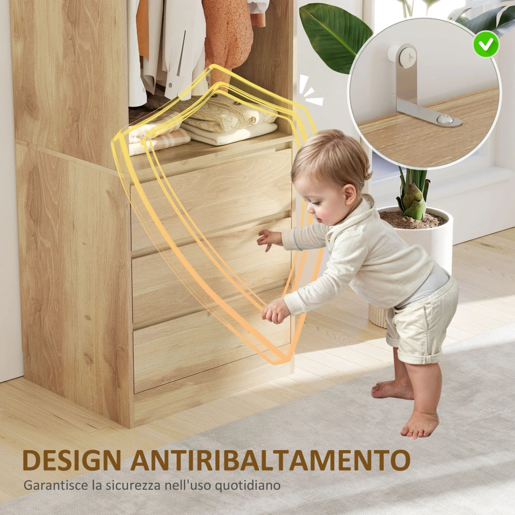Armadio Guardaroba Aperto con Asta Appendiabiti e 3 Cassetti 60x48,5x185 cm color Teak
