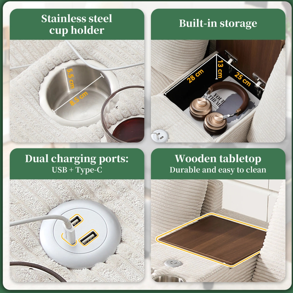 Divano angolare modulare 4 posti con console; 2 portabicchieri; 2 porte USB; pouf e cuscini in velluto a coste beige