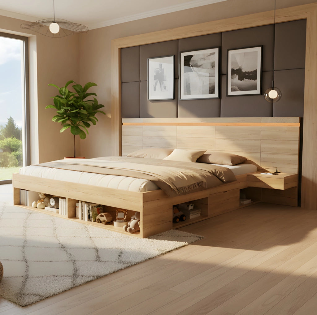 Letto matrimoniale con contenitore, illuminazione LED e prese USB integrate