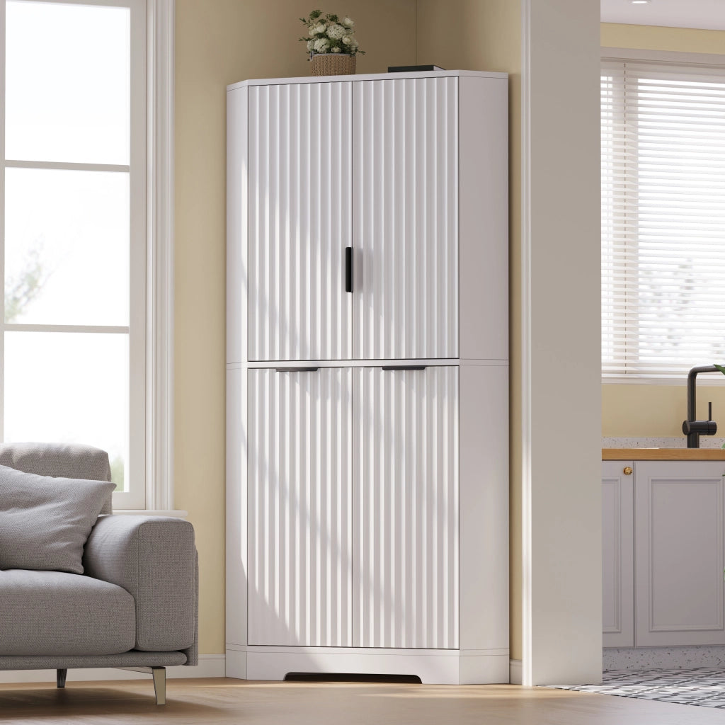 Armadio angolare con ripiani regolabili e ante scanalate; 60 x 60 x 172 cm; MDF bianco
