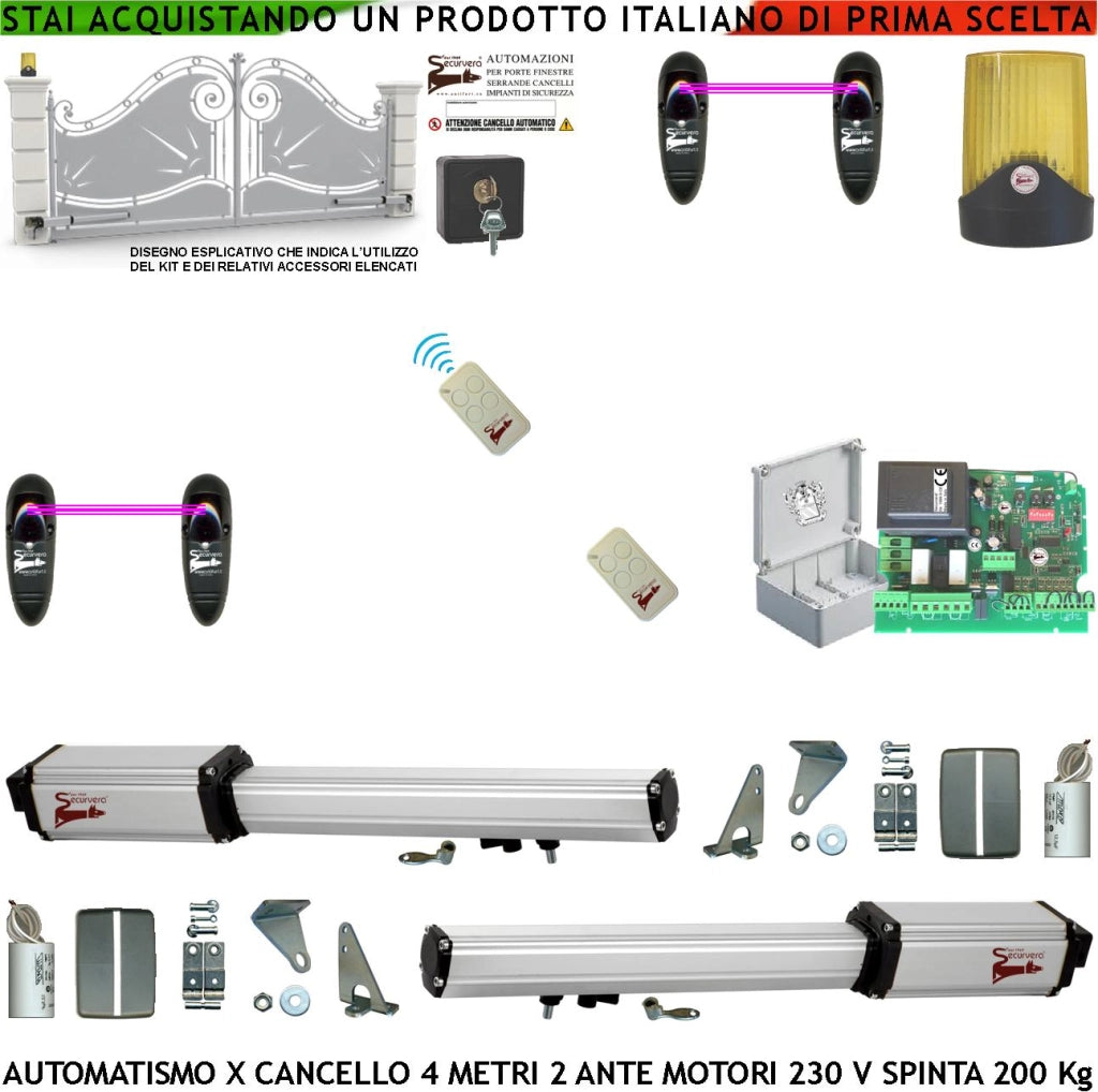 Cancello Elettrico 4 Metri 2 Ante da 2 MT Kit Base 2 Motori Elettromeccanici 230 V Sblocco Corsa 300 mm Spinta 2 Q.li Staffe 2 Radiocomandi 2 Coppie Fotocellule Selettore 2 C.vi Faro Cartello Monitore