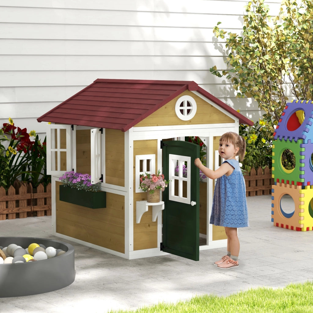Casetta per bambini esterna con porta, finestre e fioriere ¨C zephmum ¨C 114x126x135 cm beige