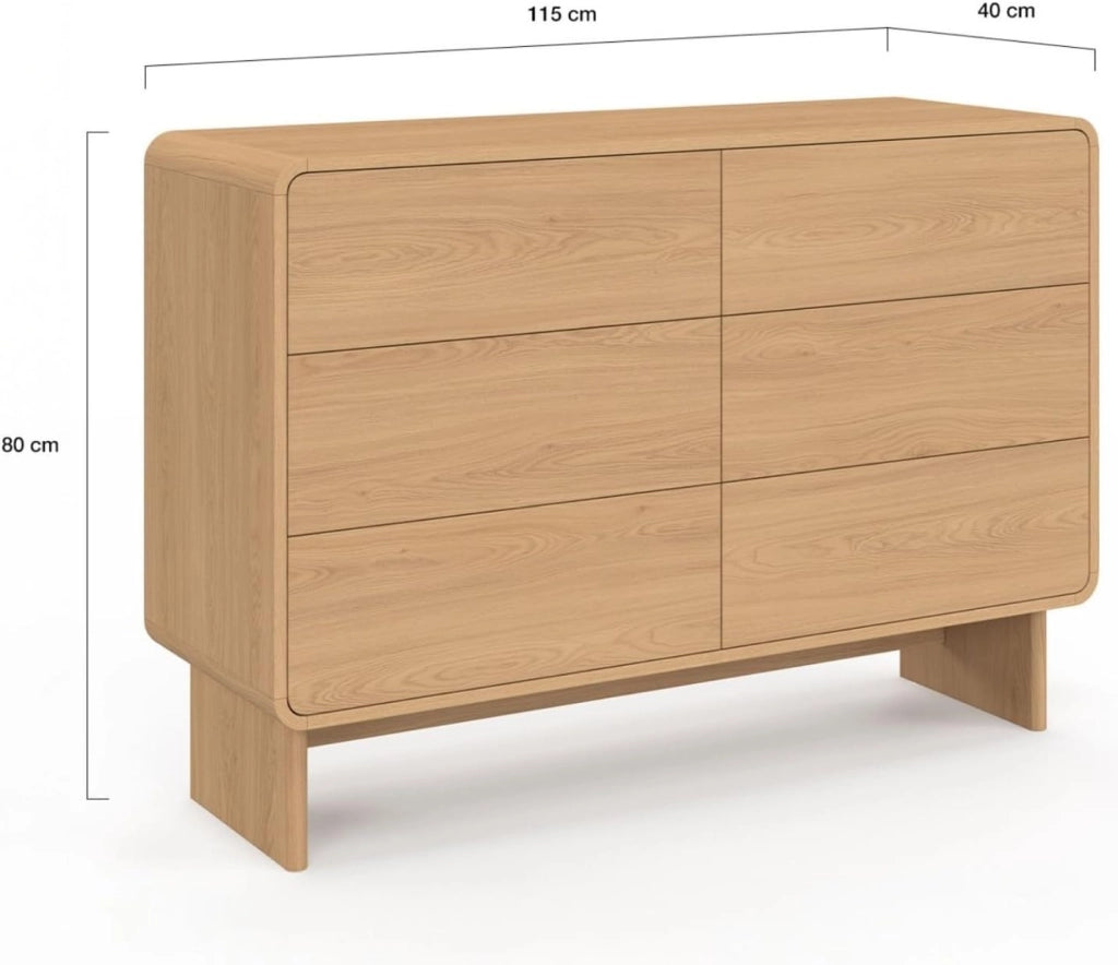 Cassettiera 6 cassetti nasturzio 110 cm in legno di faggio Design arrotondato