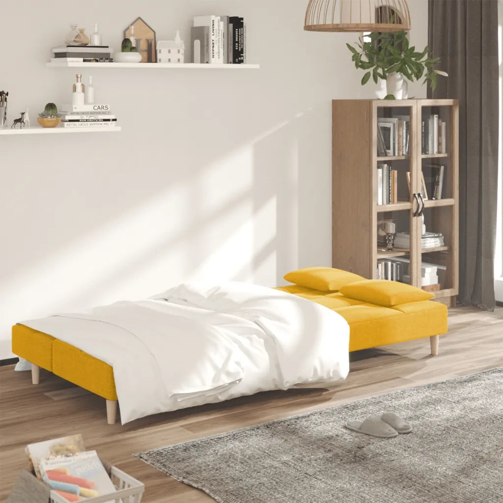 Divano Letto a 2 Posti con 2 Cuscini Giallo in Tessuto 375797