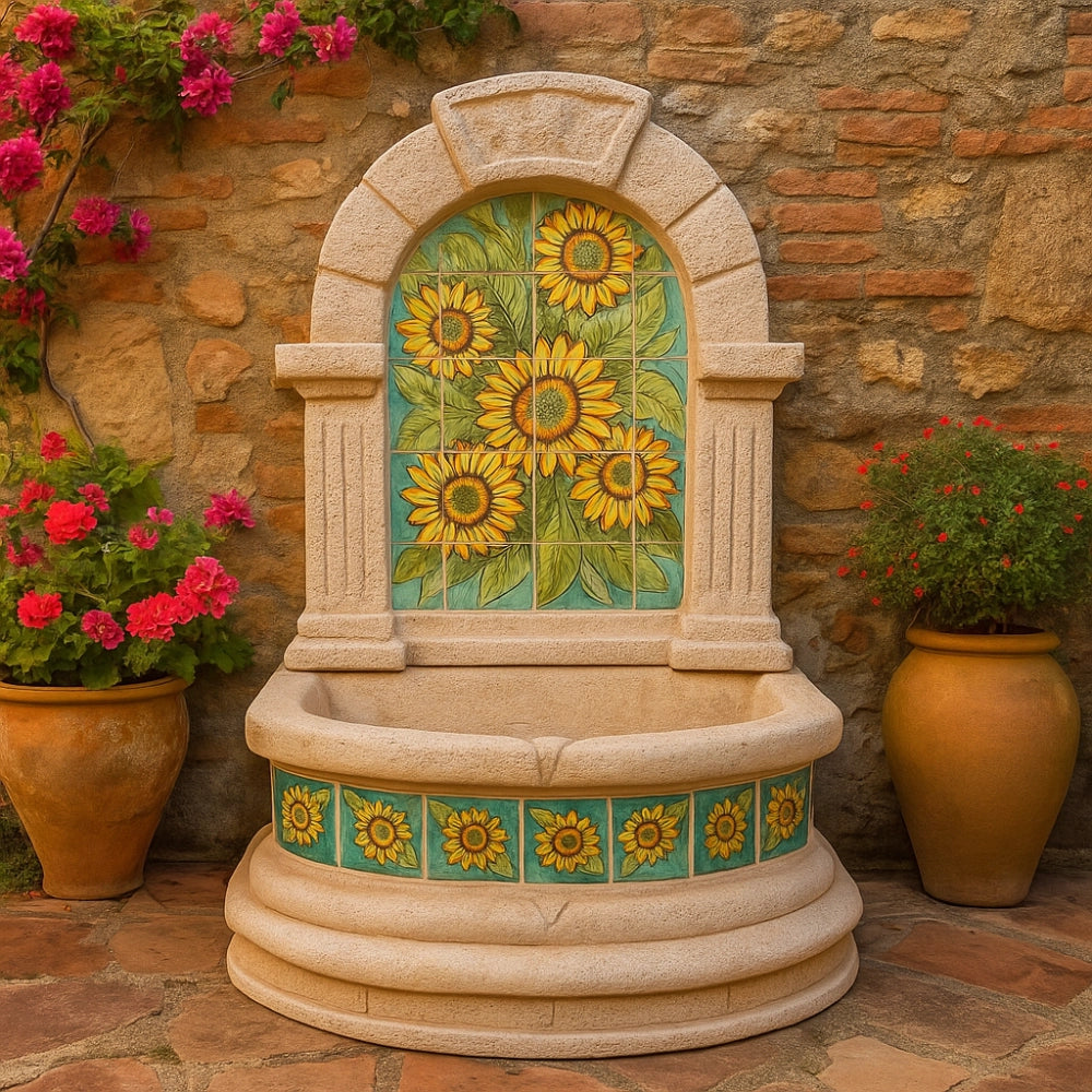 Fontana spagnola modello girasoli maiolica h120xl80xp45 cm cemento effetto pietra