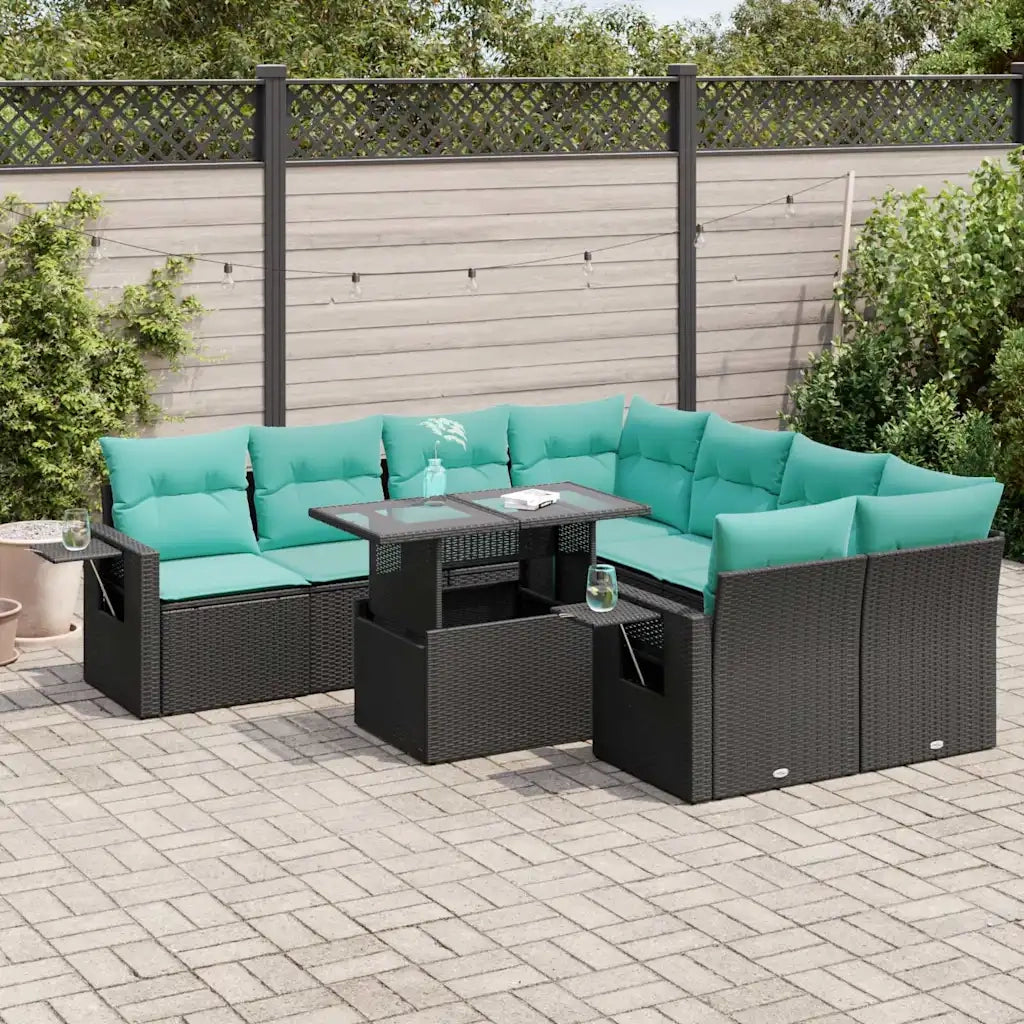 Set Divani Giardino 9 pz con Cuscini Nero Polyrattan Acacia 3326448