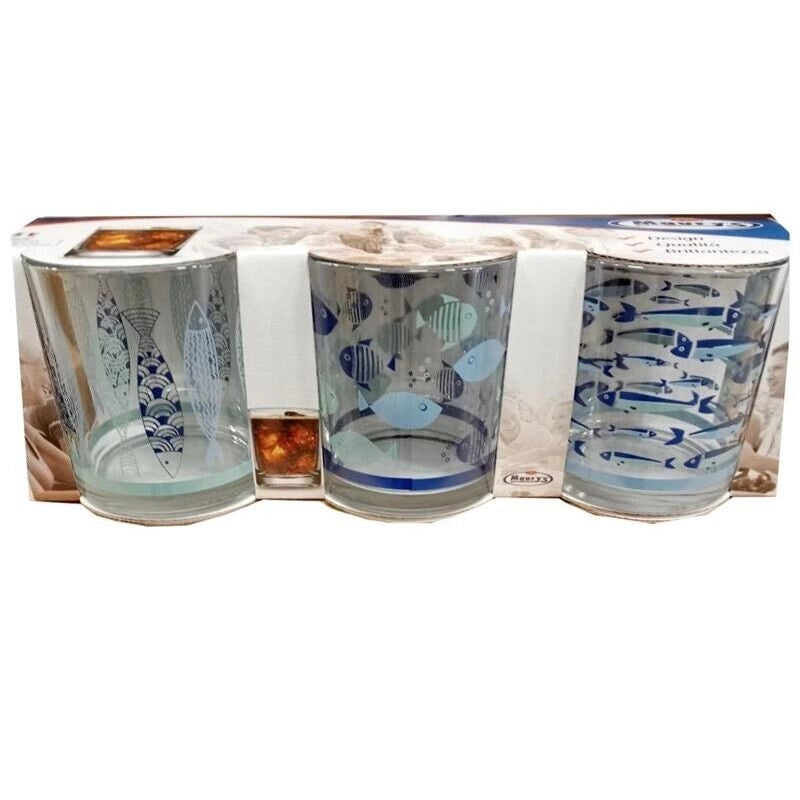 MAURY'S SET 3 BICCHIERI IN VETRO PER ACQUA DESIGN PESCI