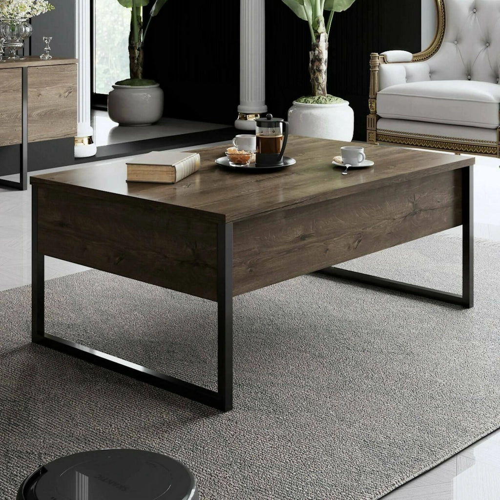 Tavolino da salotto Lavinia, Tavolo basso da caffè, Portariviste per divano, Ripiano da soggiorno, 90x60h40 cm, Noce e Nero