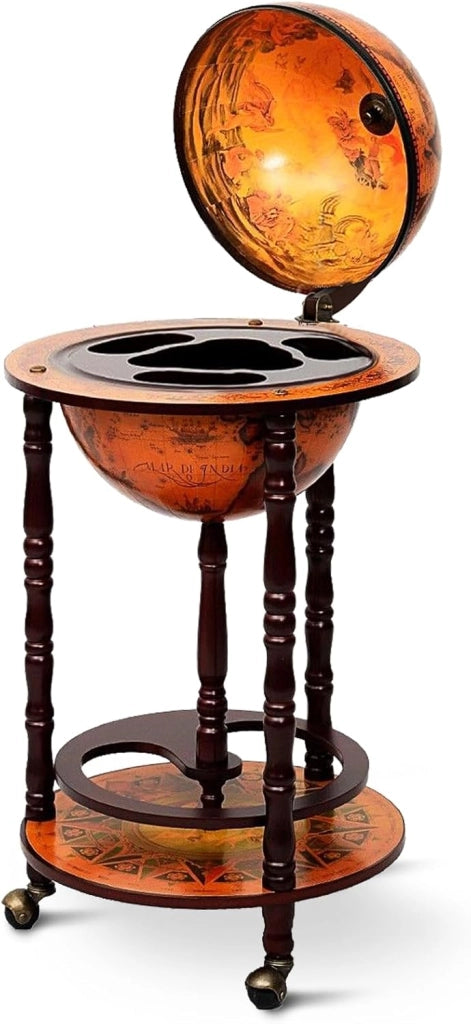 Porta Bottiglie di Vino con Ruote, Mappamondo Bar, Portabottiglie Vino in Legno Eucalipto, Carrello da Bar, Mini Bar con Ruote a Stile Classico (45 x 45 x 88 cm, marrone)