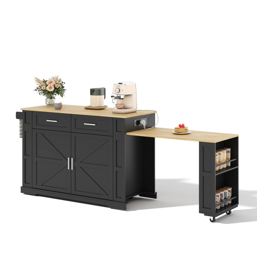 Isola da cucina mobile con piano estraibile, prese integrate, 2 cassetti, armadio a doppia anta e ruote con freno