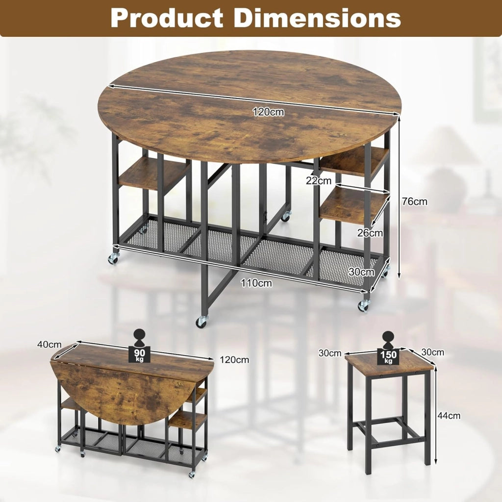 Set da pranzo, tavolo da pranzo pieghevole con 2 sgabelli, tavolo da cucina con ruote e portabottiglie e ripiani aperti, set per sala da pranzo, in metallo e legno, set da cucina, stile