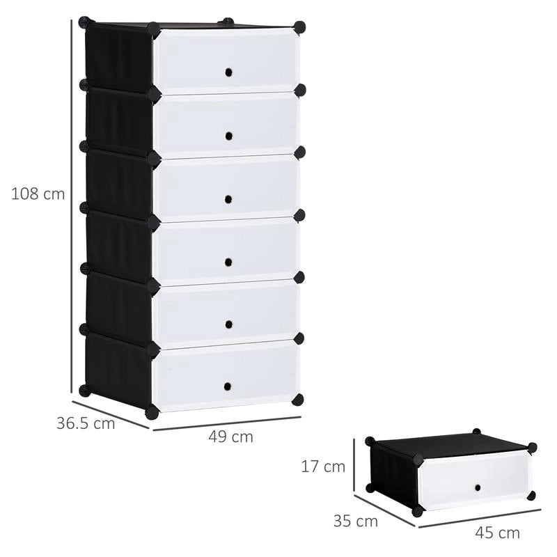 SCARPIERA MODULARE SALVASPAZIO CON 6 SCATOLE IN PLASTICA PP E ACCIAIO, 49X36.5X108 CM, NERO E TRASPARENTE