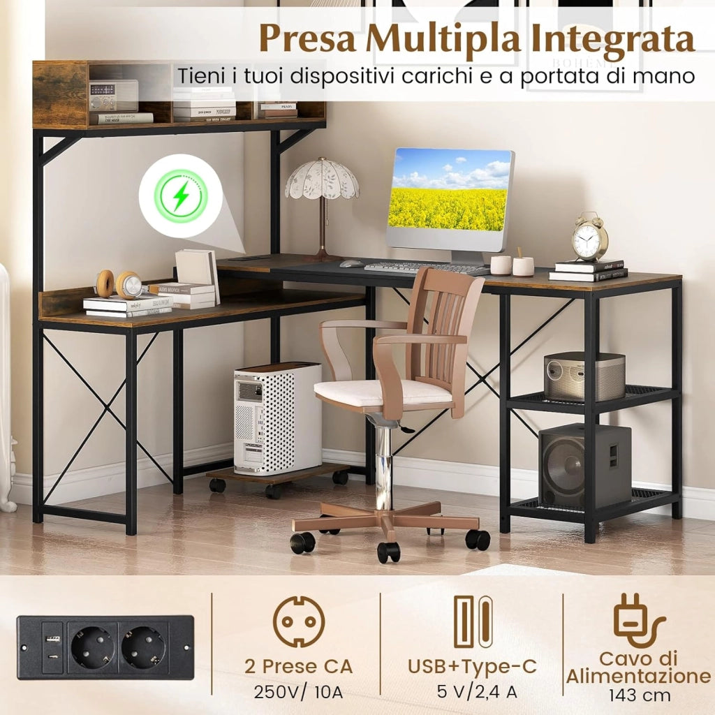 Scrivania Angolare con Stazione di Ricarica, Scrivania ad Angolo Salvaspazio con Scomparti, Ripiani e Supporto CPU Mobile, Postazione di Lavoro Gaming Reversibile per Casa e Ufficio