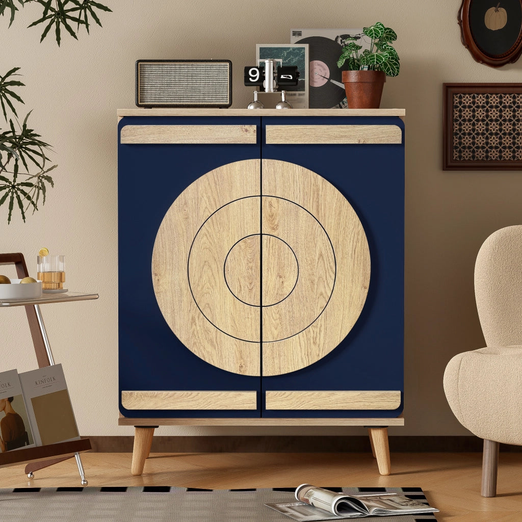 Mobile Scarpiera con 2 Ante geometriche Rotonde; 4 Ripiani; Stile Moderno; in Pannello truciolare; Blu; 76×37×98;5 cm