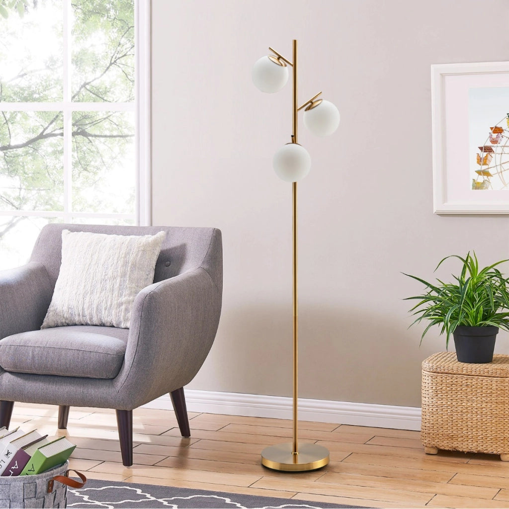Lampada da terra a 3 globi con interruttore a pedale 3 basi per lampadine E27, Lampada moderna a stelo Oro-Lampade