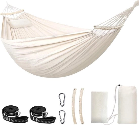 Hangmat in cotone - Grande hangmat morbida che respira fino a 660 lbs - Portatile con barra di sostegno rimovibile e cuscino - 2 cinghie robuste e 2 ganci di carabina - Per Patio, Giardino, Interno e Esterno