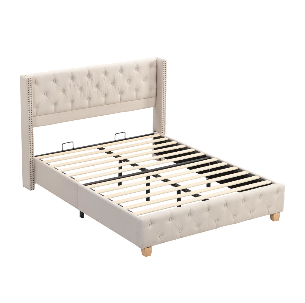 Letto imbottito 160x200 cm; testiera trapuntata con borchie; lino beige (Senza materasso)