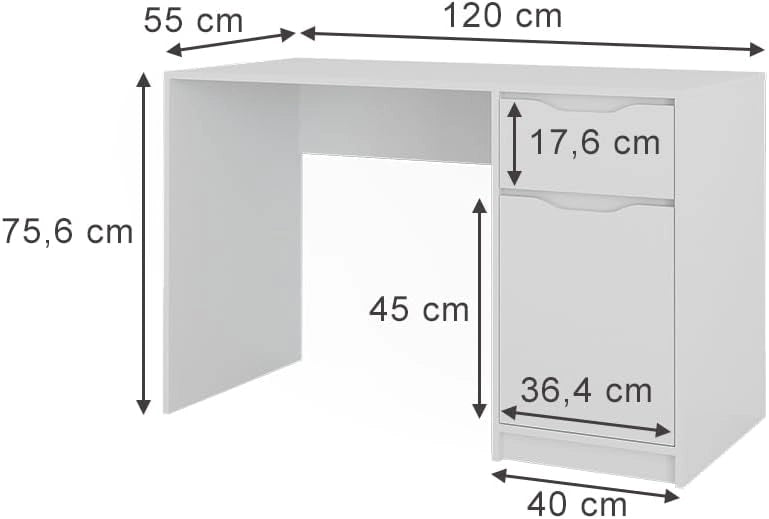 Scrivania Ruben, Bianco, 120 x 55 cm con cassetto, combinabile con altri mobili della serie Ruben