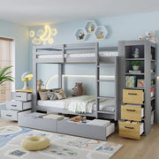 Letto a castello grigio 90x200 cm in legno con 2 cassetti; scala e vano laterale