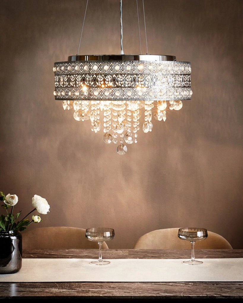 Lampadario in ferro argentato con finitura cromata Lampada a sospensione con cristalli Illuminazione in stile glamour