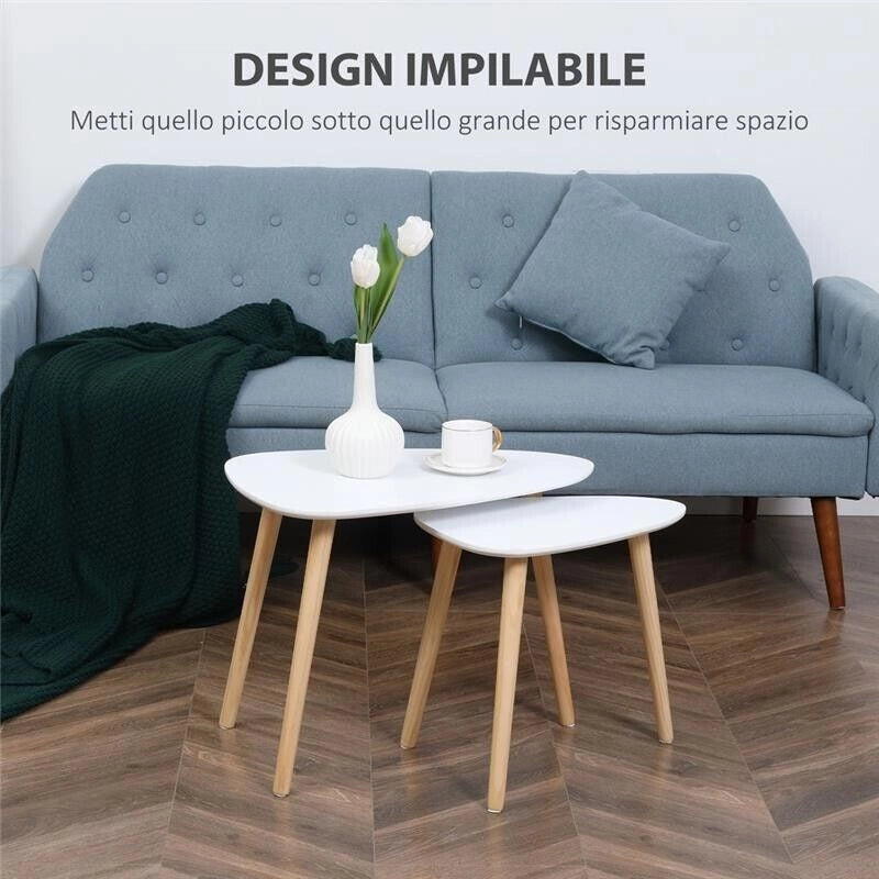 SET 2 TAVOLINI DA SALOTTO IMPILABILI STILE NORDICO CON GAMBE IN LEGNO TOP BIANCO