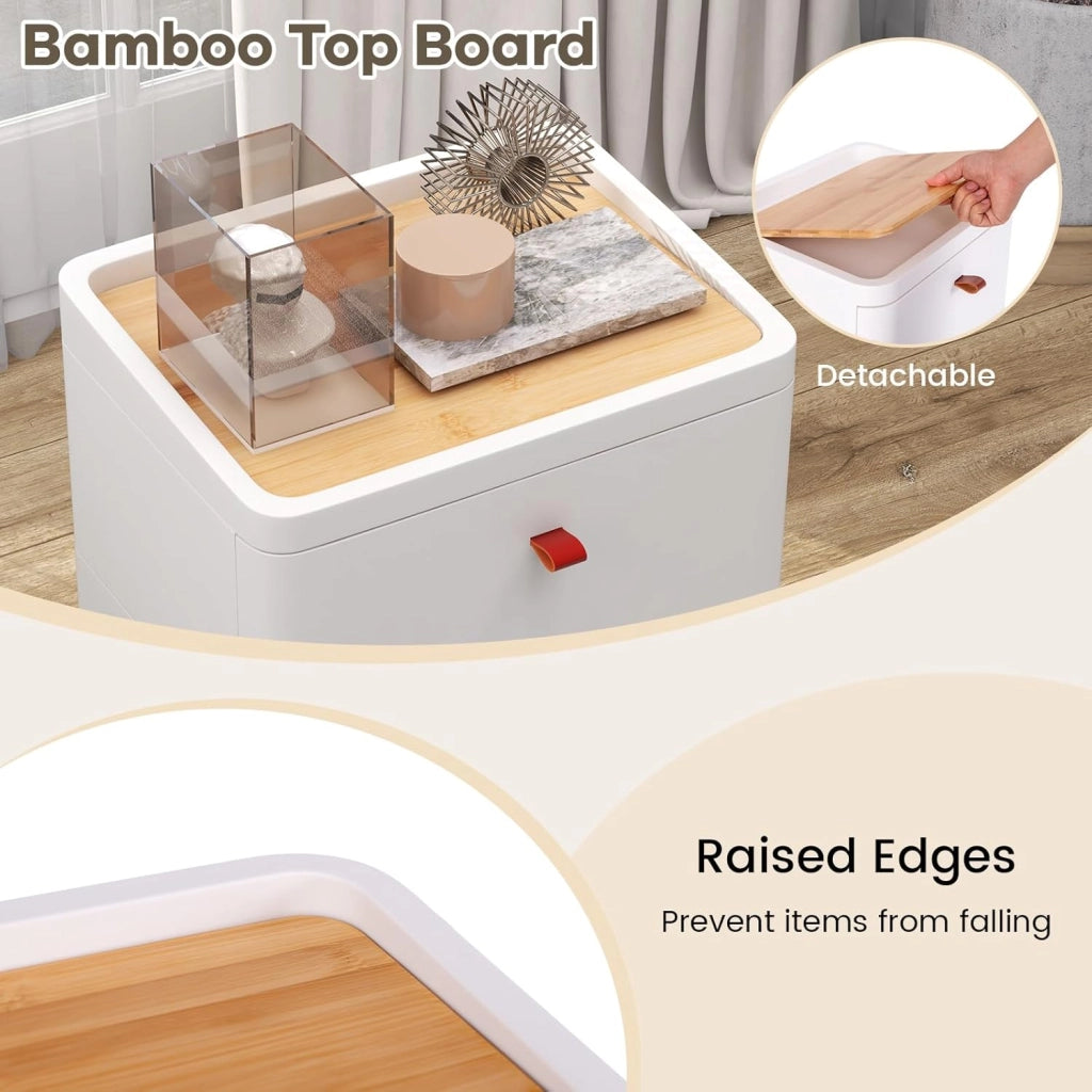Cassettiera con 4 cassetti, cassettiera con vassoio portaoggetti rimovibile e gambe in legno, piccolo armadietto multiuso, bianco, 42 x 32 x 81 cm