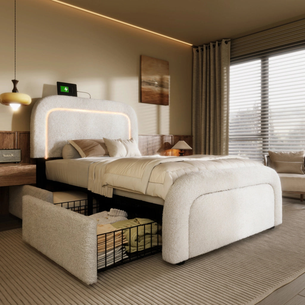 Letto singolo imbottito ULEVR 90x200 cm con 2 cassetti, LED, USB e Type-C, testiera regolabile, bianco