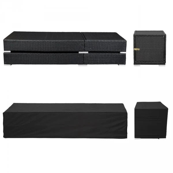Set di due lettini prendisole in resina intrecciata in polyrattan nero + tavolo + due set di coperture + telo protettivo 08_0000505