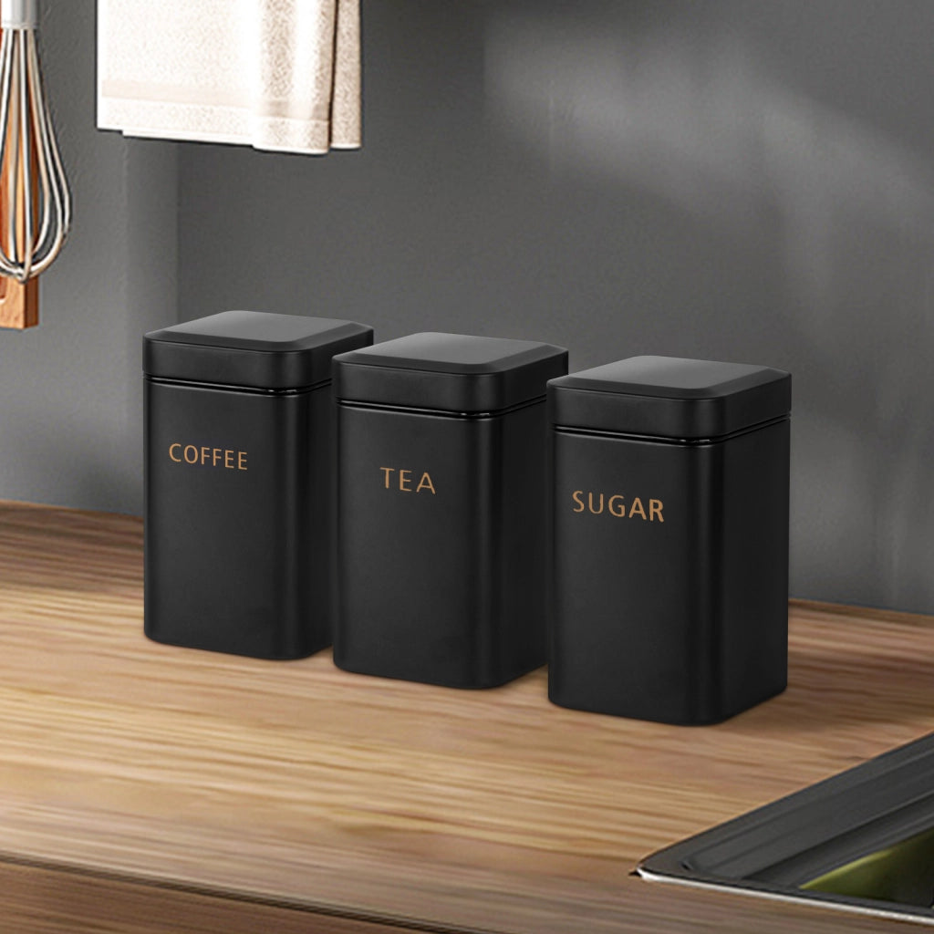 Insieme 3 Scatole per Tè Caffè Zucchero 9x14,5cm Ermetiche Nero Cheffinger