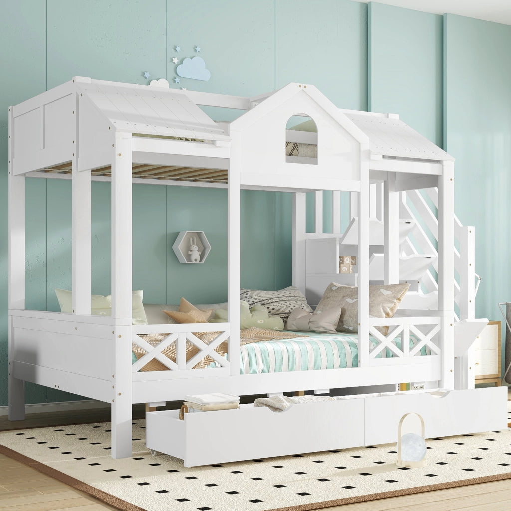 DESMIU Letto a castello per bambini 90 × 200 cm e 140 × 200 cm 2 posti con 2 cassetti, senza materasso, bianco