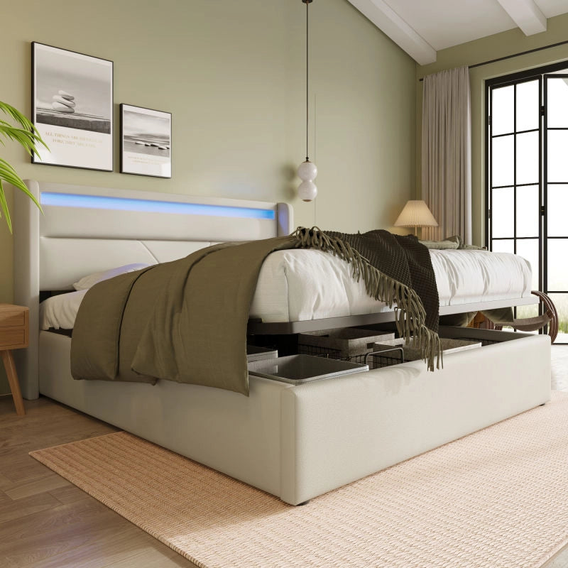 Letto imbottito 140x200 cm con contenitore, LED, PU bianco, struttura idraulica