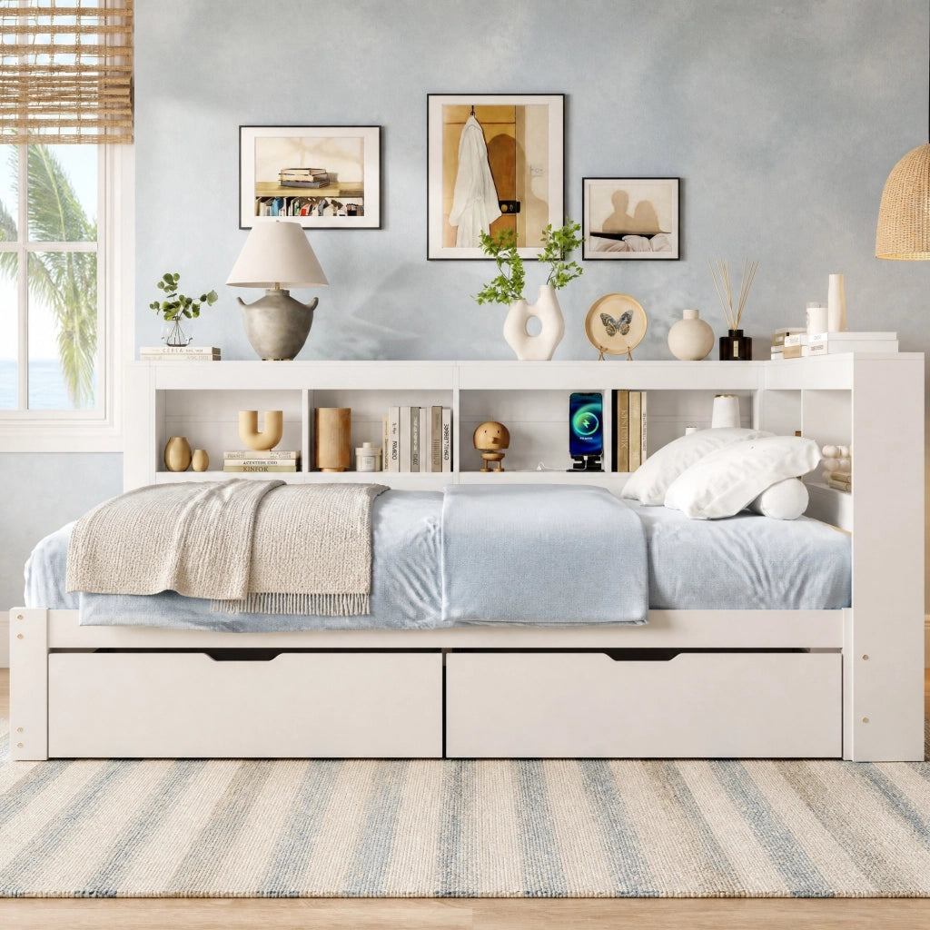 LETTO Sofà letto 140x200 cm Bianco con 2 cassetti, prese e 2 porte USB