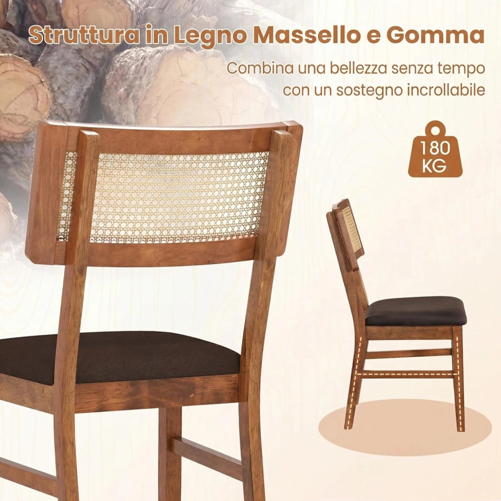 Set di 2 Sedie da Pranzo, Sedie Imbottite con Schienale in Rattan Intrecciato, Struttura in Legno di Hevea, Seduta in Velluto, Portata 180 kg, Sgabello d’Accent Boho per Soggiorno e Cucina