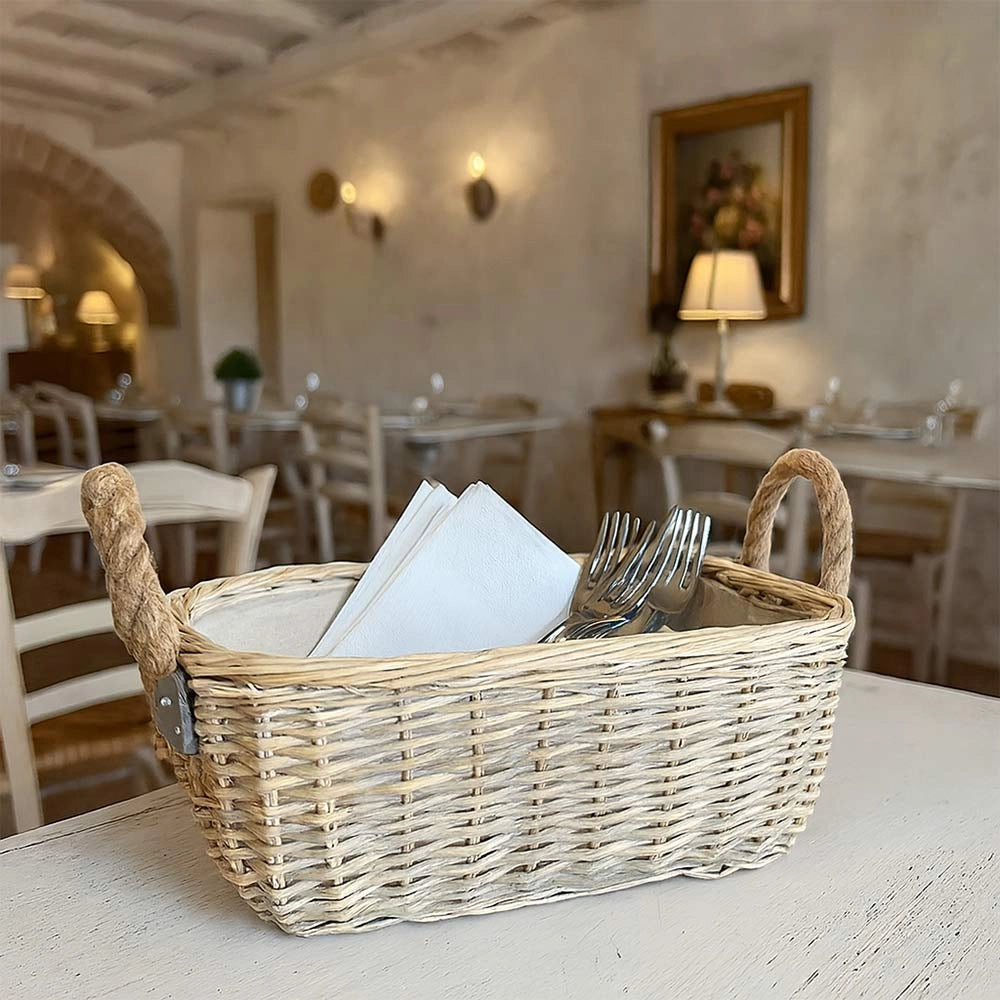 Cesta cestino portapane in vimini avorio con manici in juta cm 45 x 31 x h 19,5