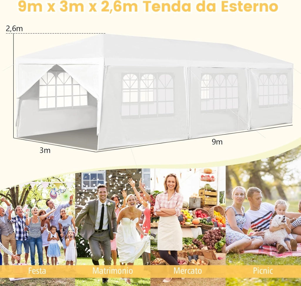 Gazebo da Giardino 3 x 9 m, Tendone per Feste con 8 Pannelli Laterali Rimovibili, Impermeabile Protezione UV, per Matrimonio Eventi e Barbecue